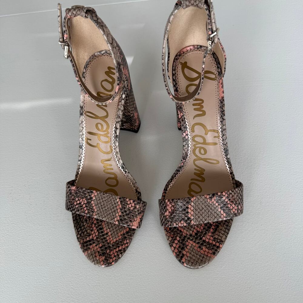 Sam Edelman Yaro Snakeskin Grey Pink Chunky Heel Open Toe Strap Heels SIze 7.5